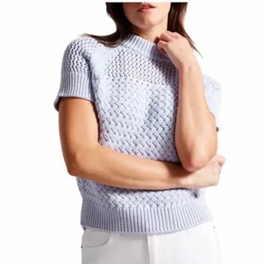 Ted Baker London Stena Light Blue Crochet Basketweave Short Sleeve Sweater 0